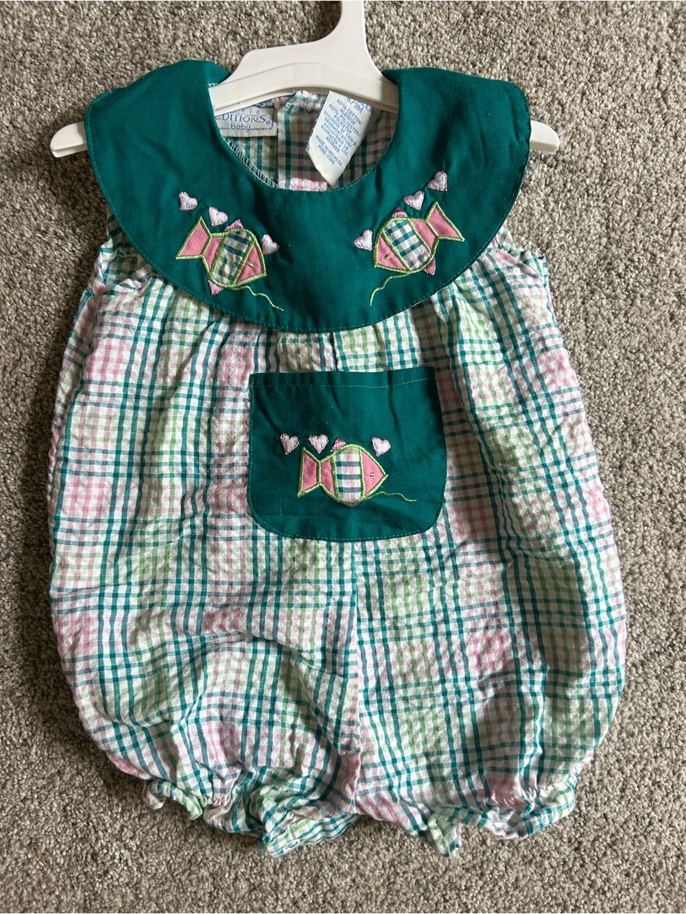 Basic Editions Green-Collar Plaid Bubble Romper with Fish Appliques